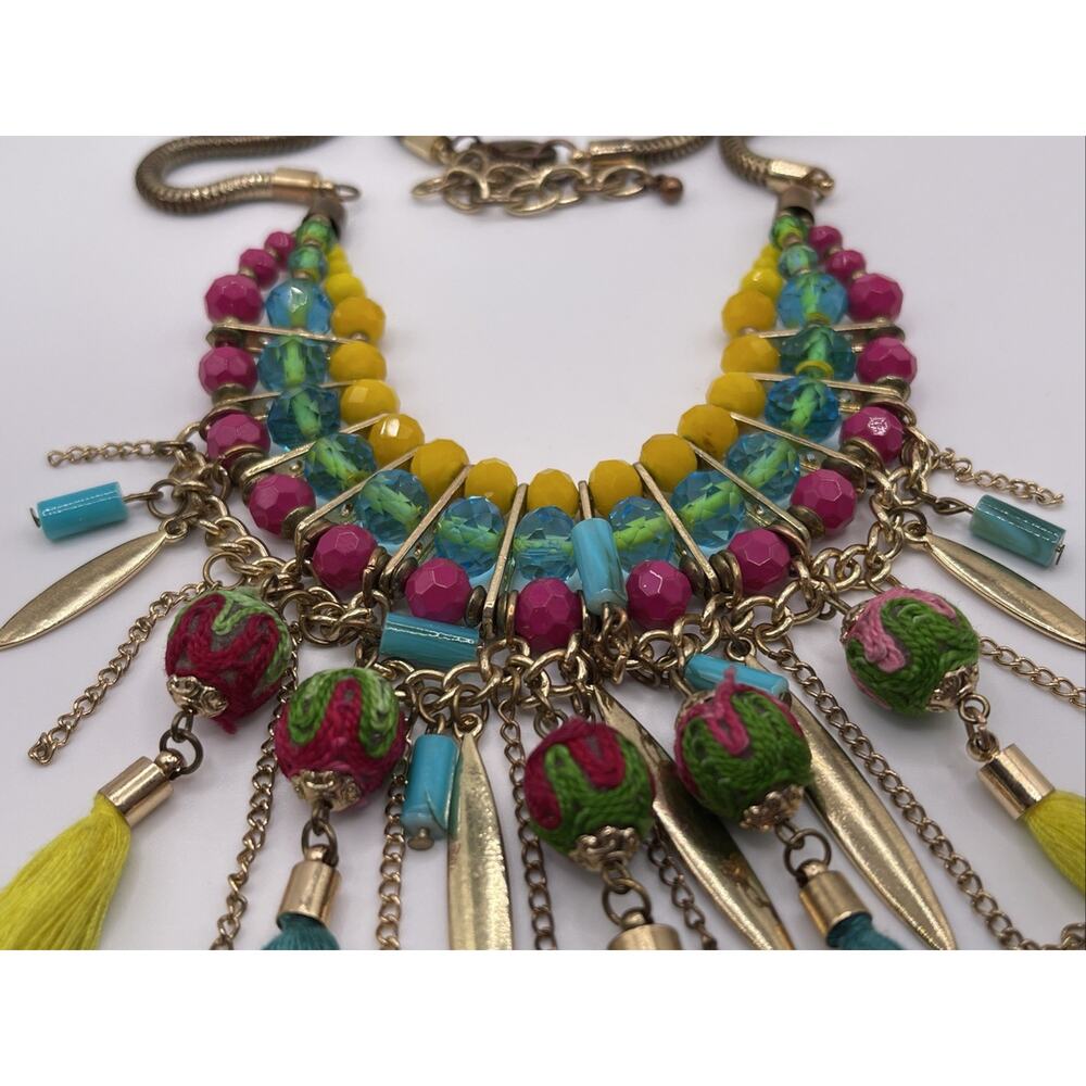 Ethnic Boho Bead Fabric Statement Necklace Fringe Tassel Earrings Gold Tone